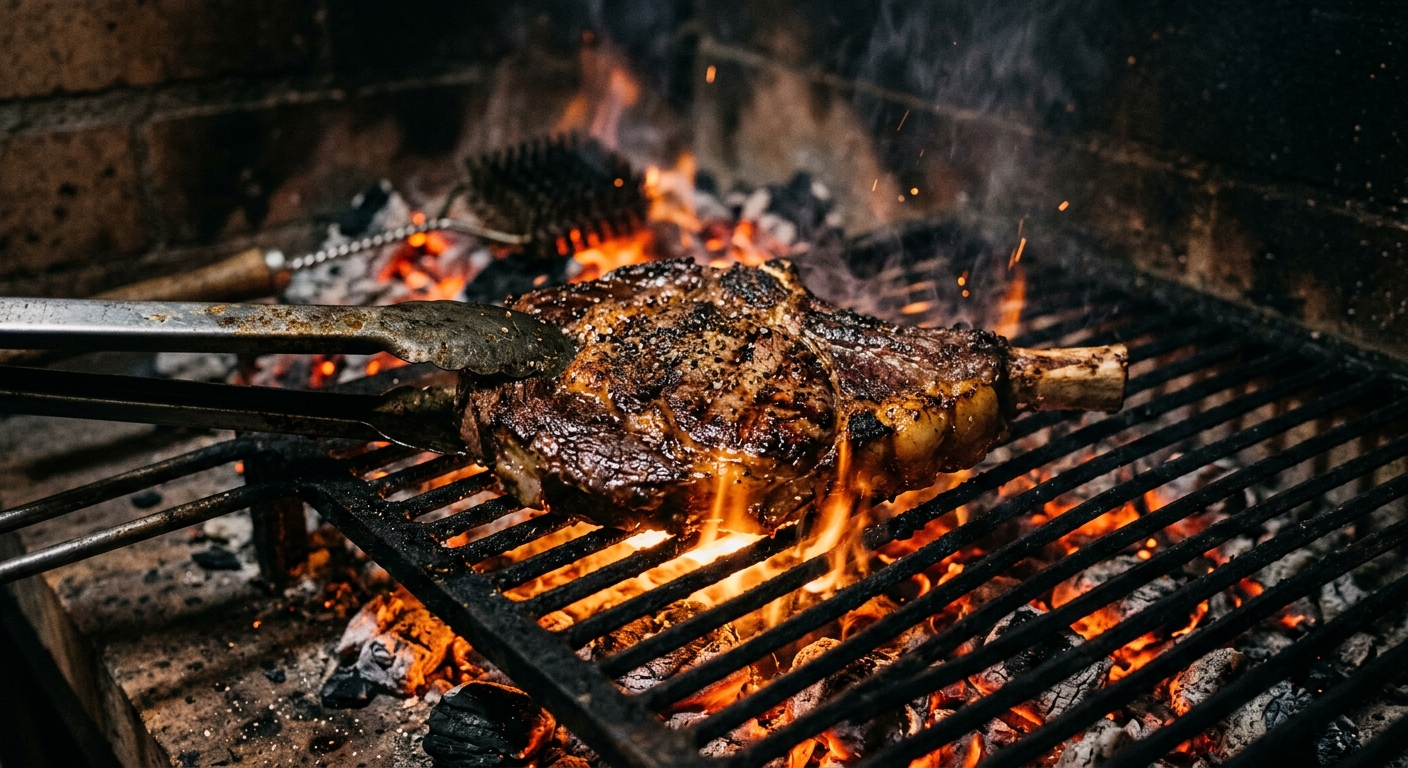 Carne a la brasa en parrilla con fuego