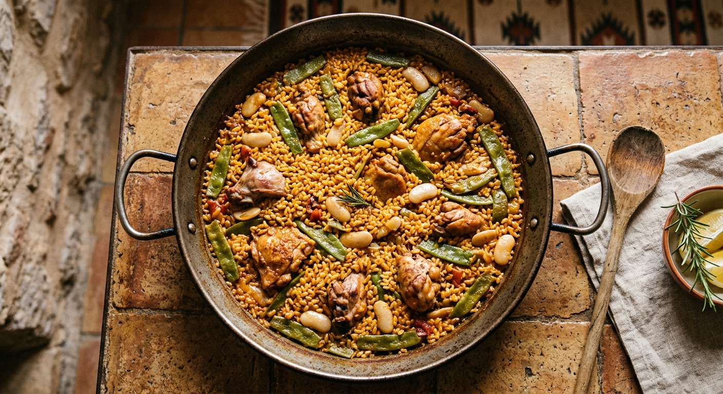 Paella tradicional valenciana sobre fuego